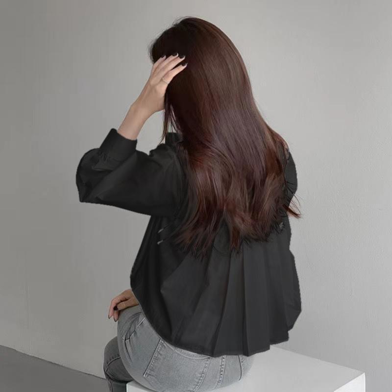 SARICHIC Lengan Panjang Kolar Lapel Warna Pepejal Baju Longgar Shirts Tops Cropped shirt with pleated back -W650