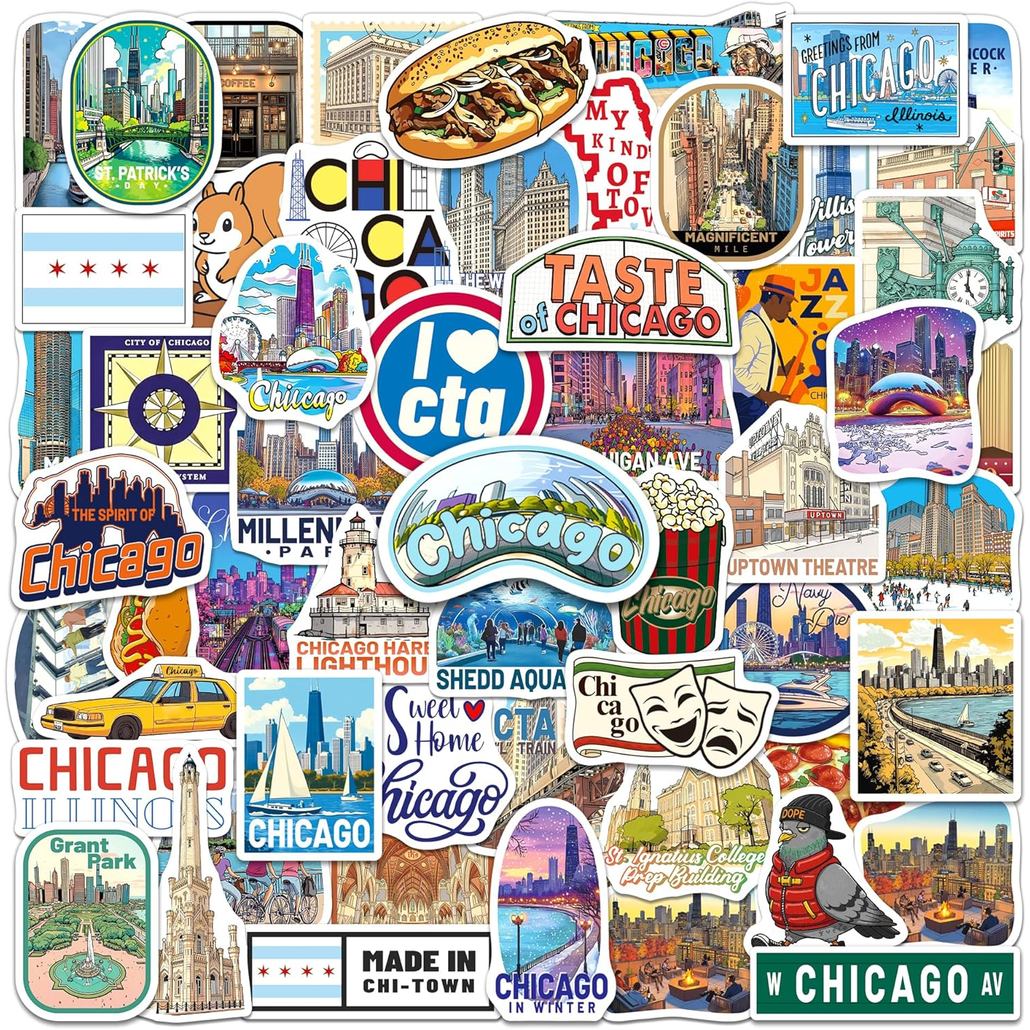 Pelekat Chicago 200 PCS, Pek Pelekat Perjalanan Chicago dengan 100 Reka Bentuk, Pelekat Vinyl Kalis Air untuk Komputer Riba, Botol Air, Buku Skrap, Bagasi, Jurnal Perjalanan