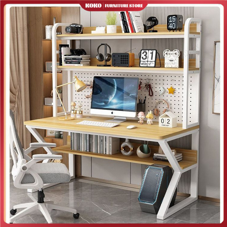 Solid wood computer desk with perforated panel home study desk, writing desk, and bookshelf combo for students, reinforced desktop table for small homes
