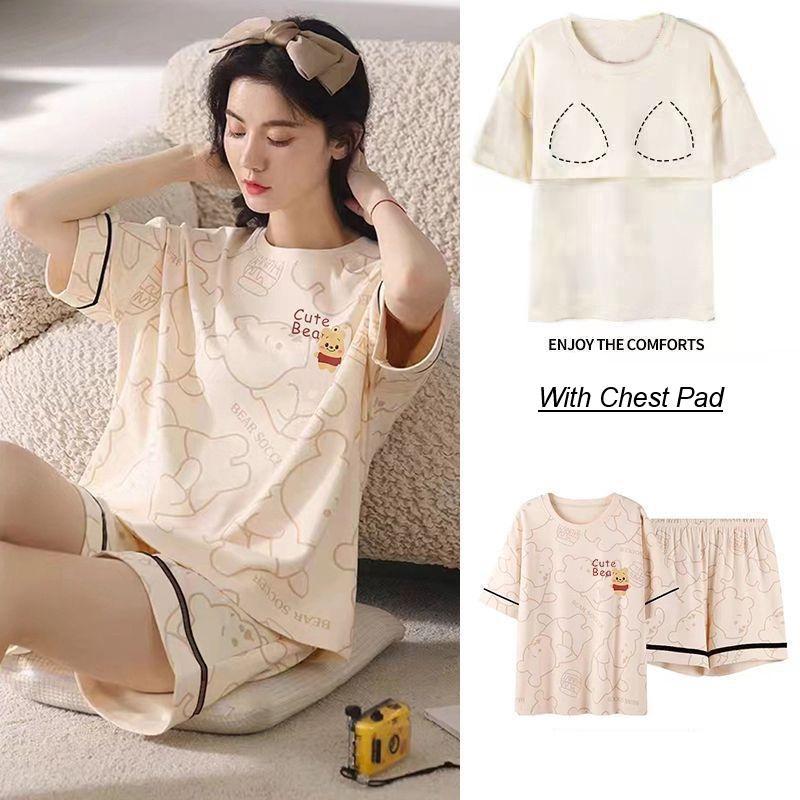 Woman Pajamas Cotton with Chest Pad Loose and Comfortable Sleepwear One Set Sleeve Shorts Set Baju Tidur Cotton [SW27]
