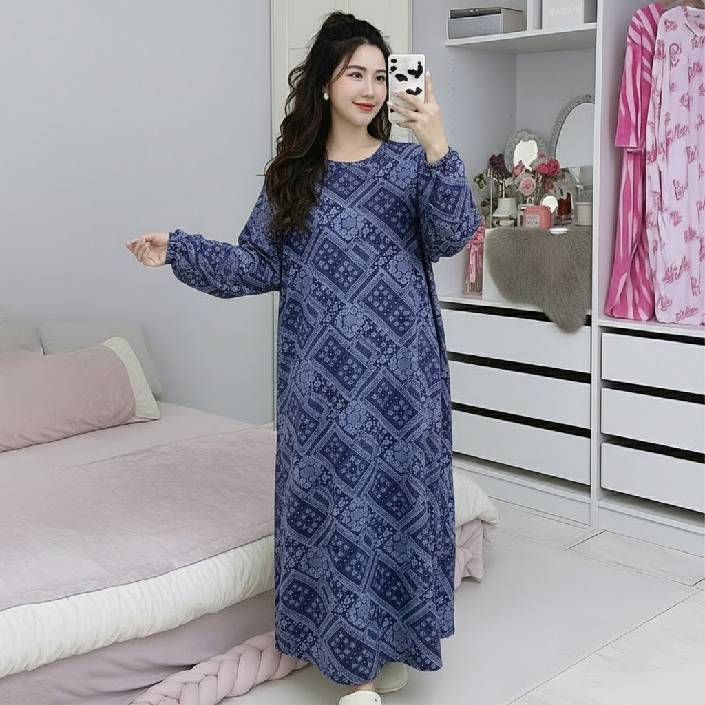 READY STOCK Kaftan Dress Lengan Panjang & Suku Baju Tidur Perempuan Kain Serap Peluh - HIYORI