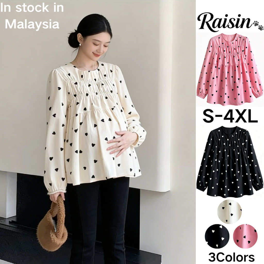 Raisin[Ready Stock In Malaysia]Blouse Women Elastic Chest Pleated Plus size maternity clothing Loose Long Sleeve Sweet Casual Shirt Baju