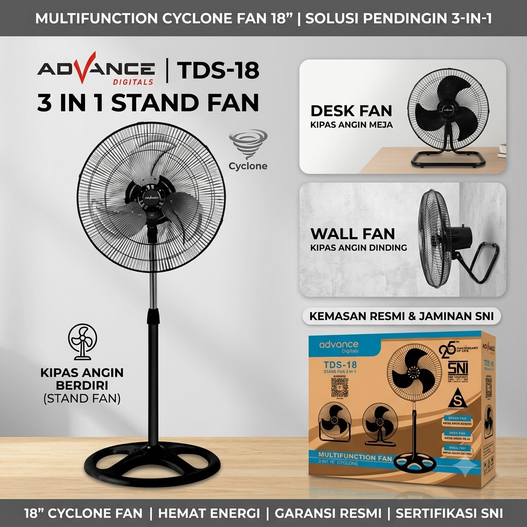 Fan Advance TDS18 3in1 TDS 1805 multifunction Tornado fan standing fan/ wall fan/ table/ TDS 18 iron fan stainless steel fan iron blade