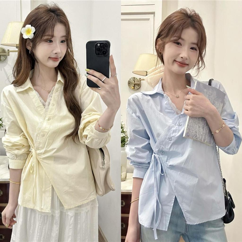 SARICHIC Korean Lace Patchwork V-Neck Shirt for Women, New Autumn Style, Side Tie Waist, Slim Fit -99199