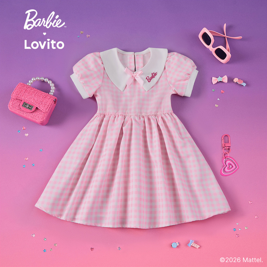 Barbie™ X Lovito Kids Cute Flared Knee Length Embroidery Colorblock Spring/summer Pink Dress for Girl LBL5AD027