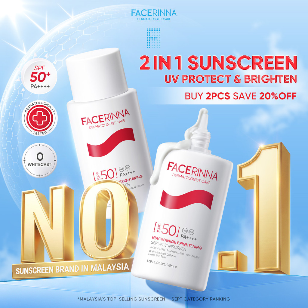 [TOP SELLER] FACERINNA Serum Sunscreen SPF50+ PA++++ Niacinamide Brightening UVA/UVB Defense, No White Cast Oil Control