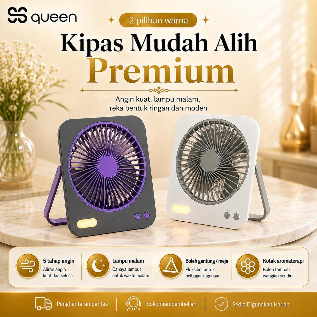 SSQUEEN Premium Portable Fan with 5 Wind Speed Settings and Night Light, Table and Hanging Fan, Lightweight, Portable Fan, Aromatherapy Box, Suitable for Home and Office.