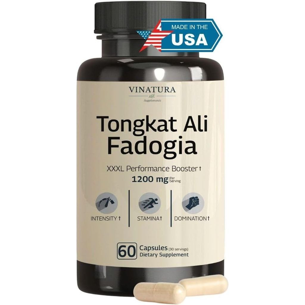 Tongkat Ali Fadogia Agrestis - 1200mg, Enhanced with Nitric Oxide Booster Supplement, Longjack Tongkat Ali for Men, 60 Capsules