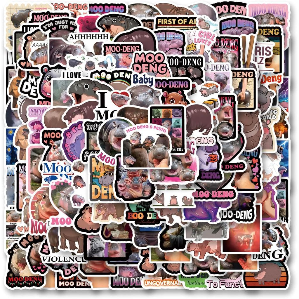 125Pcs Pek Pelekat Moo Deng, Pelekat Vinil Estetik Tahan Air untuk Botol Air, Komputer Riba, Telefon, Papan Luncur, Buku Skrap, Hiasan Bumper untuk Peminat sebagai Hiasan Bekalan Parti