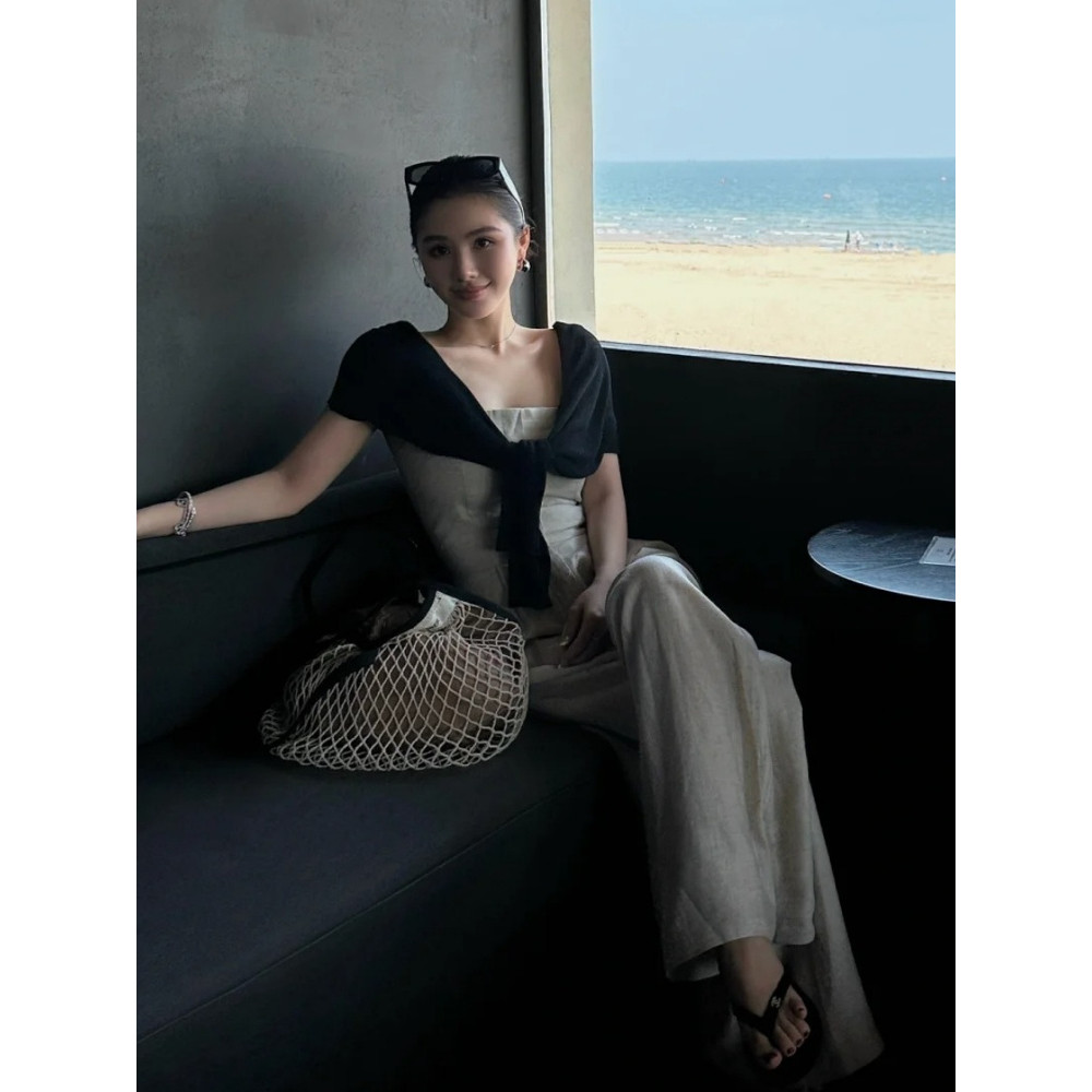 Fashionable One-Piece Tube Top Jumpsuit Women 2025 Summer Loose Slimmer Look Wide-Leg Pants Sunscreen Shawl Two-Piece Suit