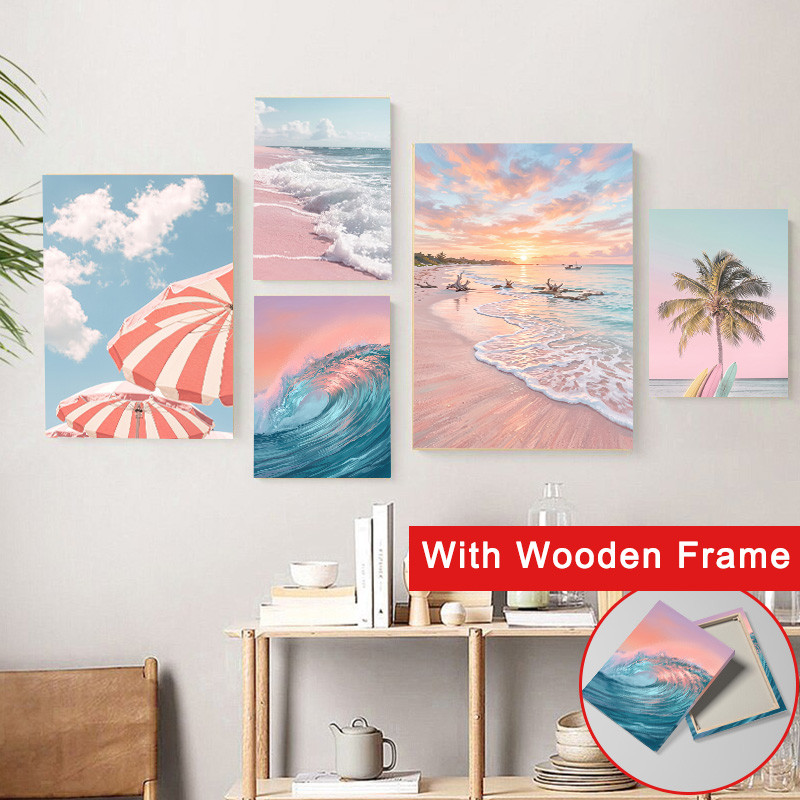 (With Frame) Nautical Nordic Canvas Wall Prints Pastel Beach Tropical Ocean Palm Sea Turtle Poster Coastal Vacation Wall Art Aesthetic Decor for Bedroom Living Room Wall Decoration