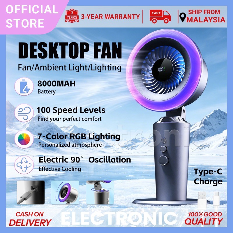 Handheld Kipas Desktop Fan 8000mAh Battery Table Fan Kipas Meja 100 Gear Speed ​​Automatic 90° Swing Type-C Charge
