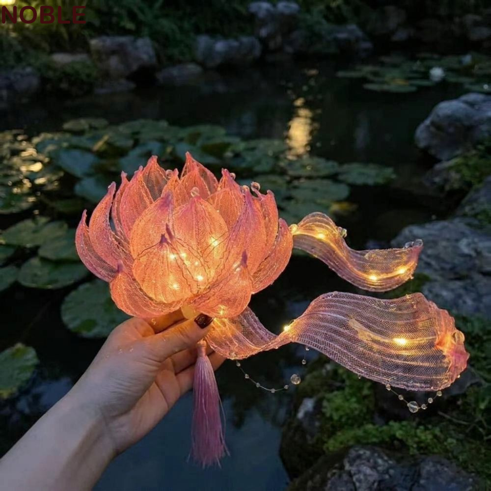 NOBLE Handheld Lotus Lantern, Ancient Style Handmade Glowing Floating Lotus Light, Creative Gift DIY Craft Kit Colorful LED Light Ribbon Fairy Lotus Lantern New Year Decor