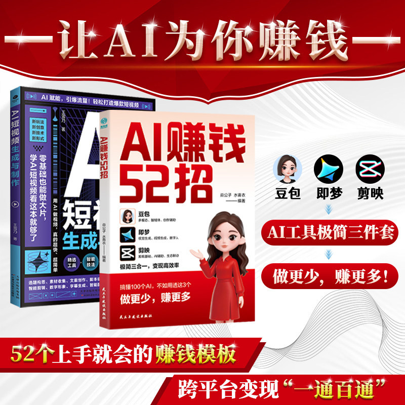 官方正版书籍 ai模式生 存手册（全2册）AI赚钱52招+AI短视频生成与制作 ai提效手册速通书