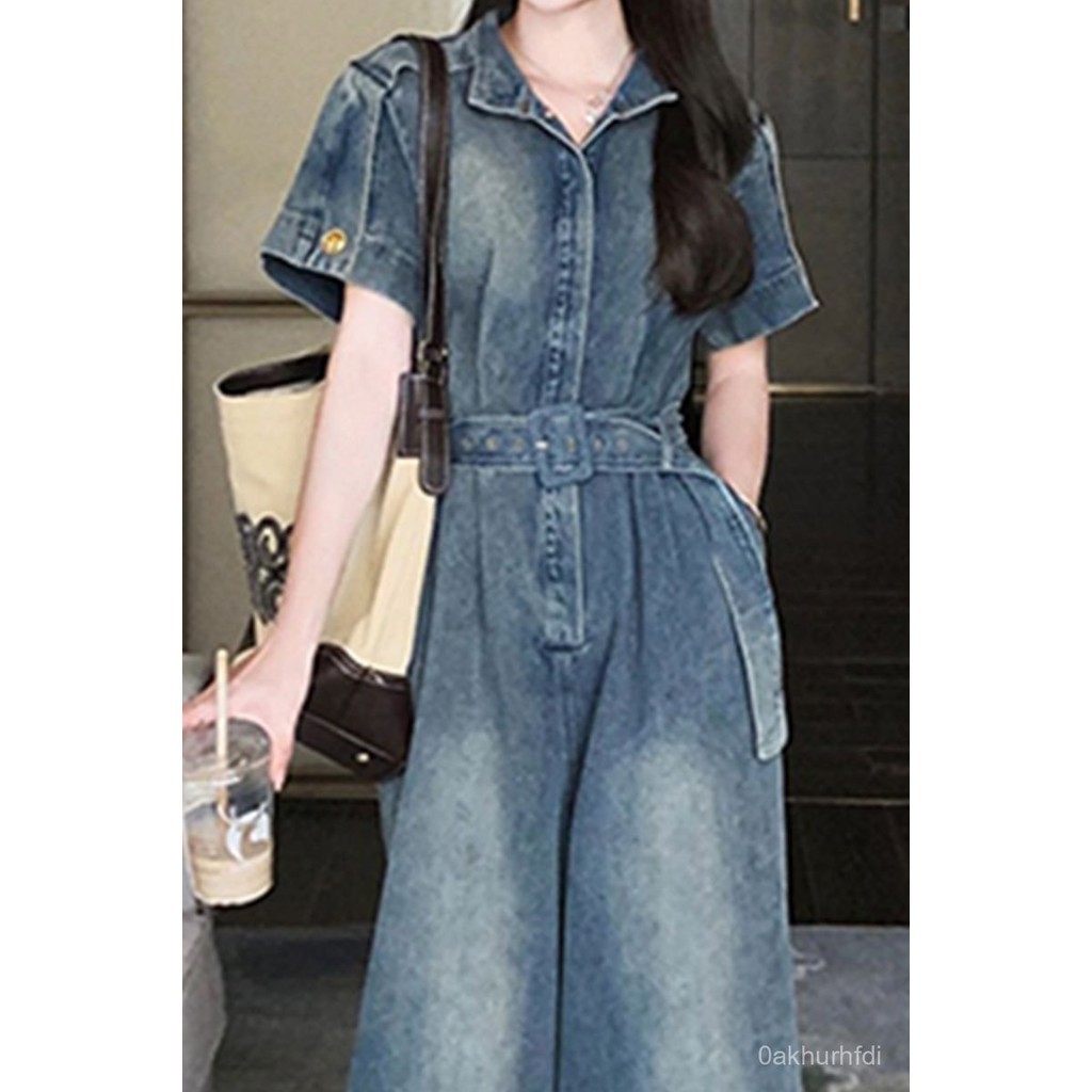Jumpsuit Jumpsuit Suit Korean Version Jumpsuit 25 Summer New Style Retro High-End Fashion Short-Sleeved Narrow-Waisted Slimmer Look All-Match Casual Denim Jumpsuit Women 0609 YDMF