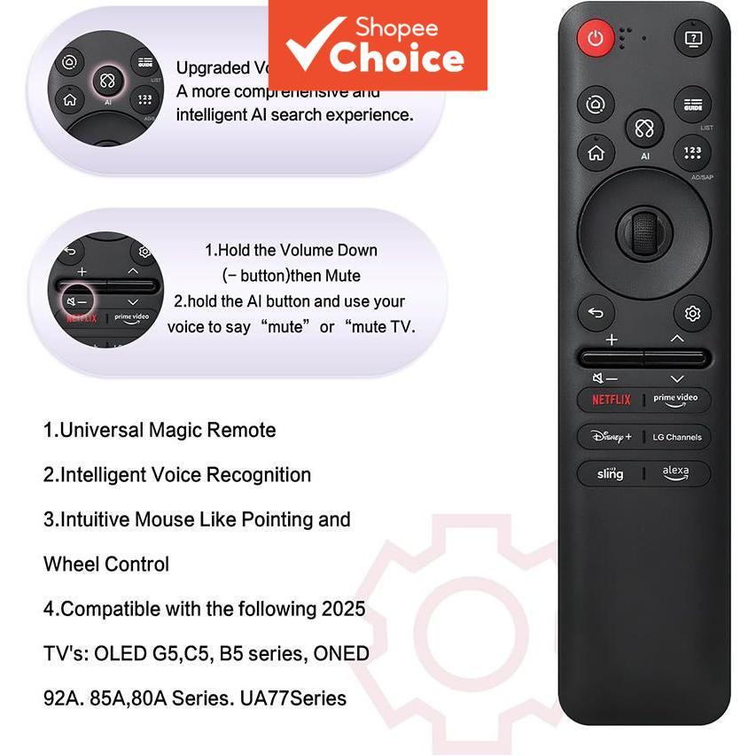 Compatible with LG AI Smart Remote for 2025 MR25GA MR24GA MR23GA MR22GA MR21GA MR20GA, featuring LG TV AI mode pointer and Alexa voice assistant. Serasi dengan Alat Jauh Pintar AI LG untuk siri 2025 MR25GA MR24GA MR23GA MR22GA MR21GA MR20GA, dilengkapi