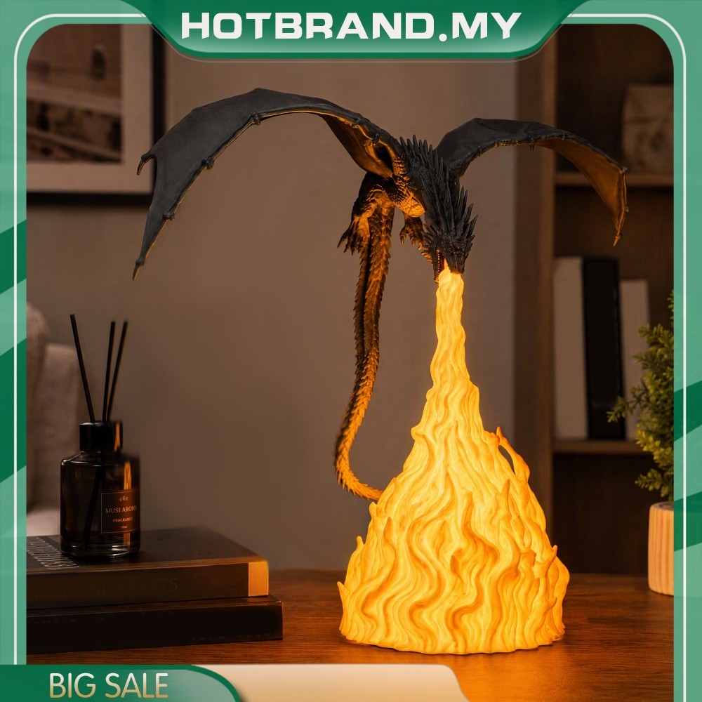 [Hotbrand.my] Dragon Themed Night Light Flame Sculpture PLA Desk Decor Fantasy Atmosphere Gaming Room Decoration Lamp
