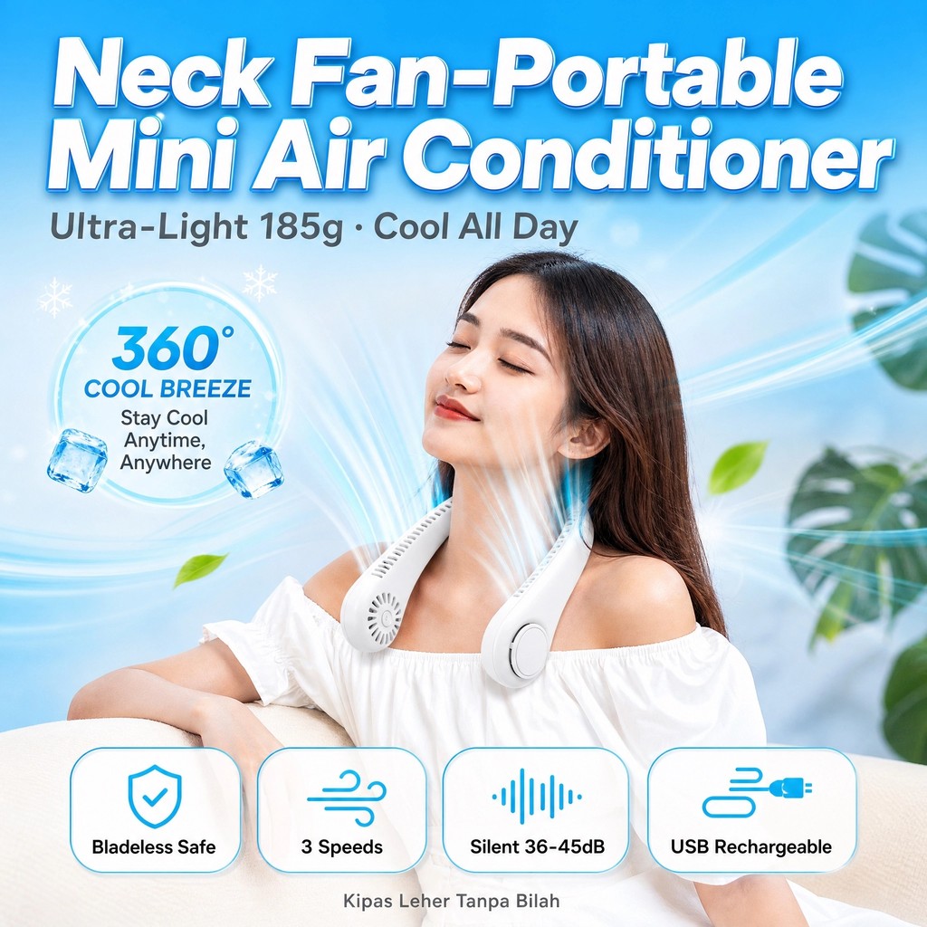 Neck Fan Portable Bladeless USB Rechargeable 3 Speed Silent | Kipas Leher Tanpa Bilah USB Cas Semula 3 Kelajuan Senyap