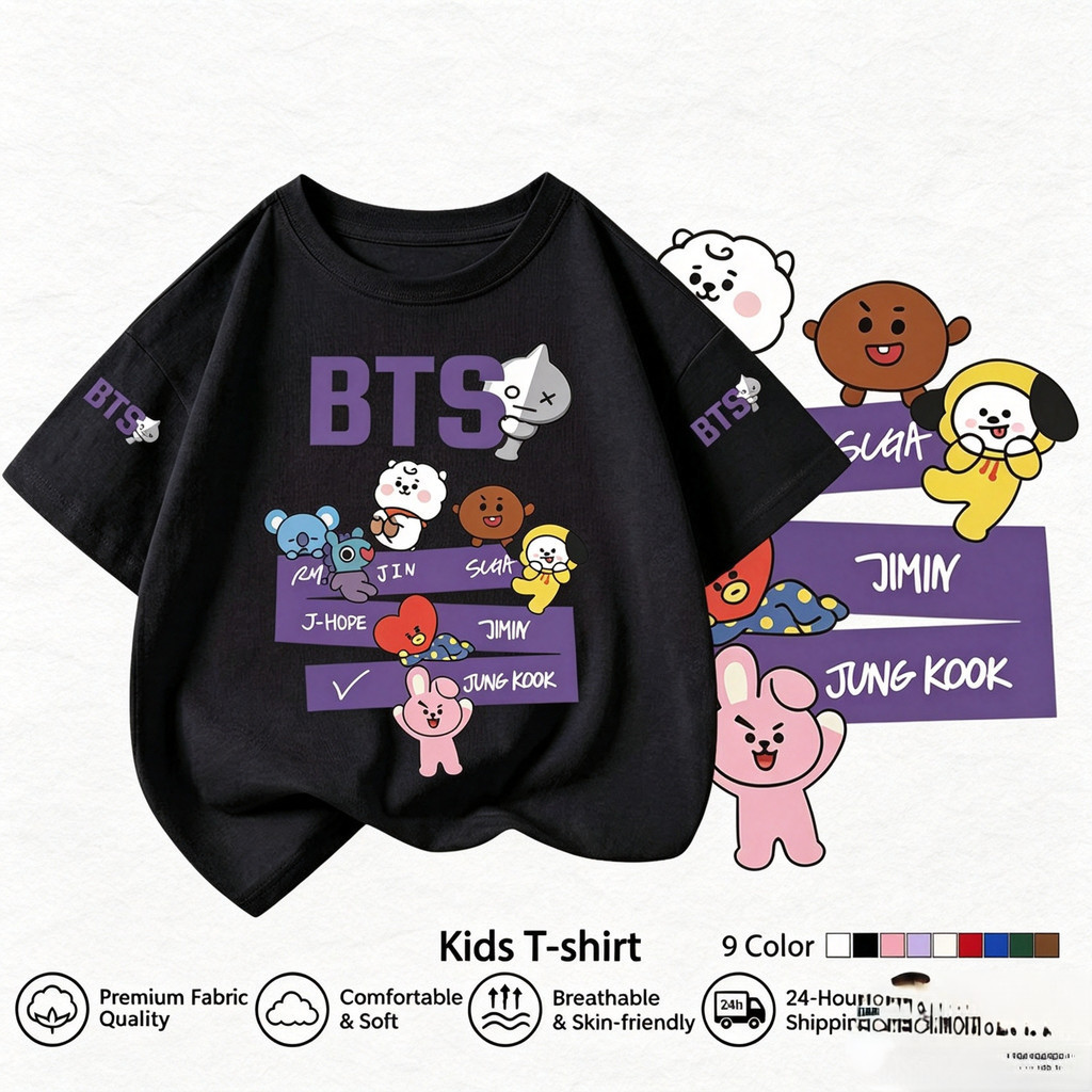 Summer New Style Boys Short-Sleeved T-Shirt Cotton Children's Clothing Unisex Children's Short-Sleeved T-Shirt BTS BT21 Cartoon Character Printing Soft Cotton Casual Children