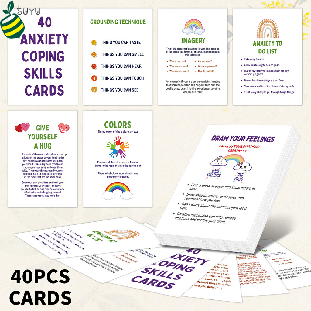40pcs Anxiety Coping Skills Cards Set - Grounding Techniques, Imagery Prompts & Creative Drawing Tools for Emotional Release, Mindfulness & Stress Relief in Daily Life