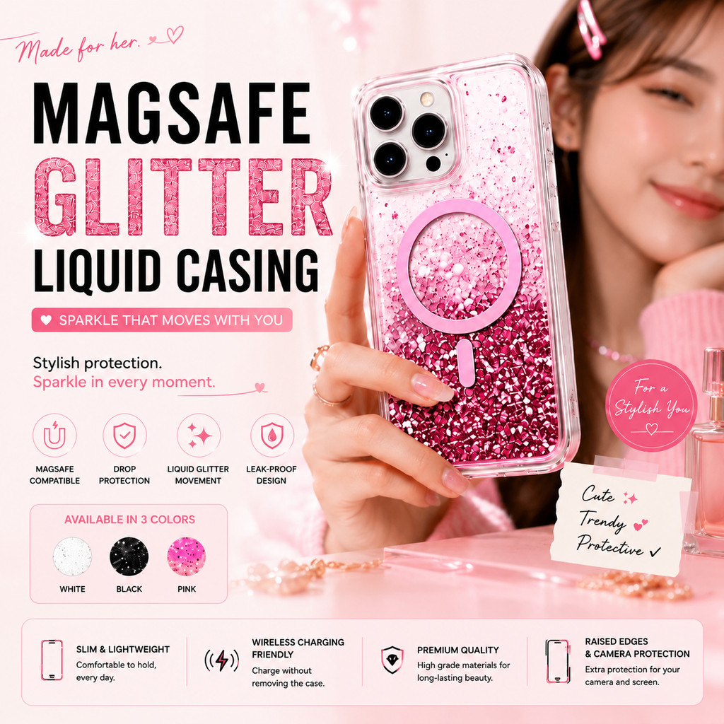 MagSafe Glitter Liquid Casing iPhone 13 14 15 16 17 Pro Max Plus Magnetic Shockproof Case Female Trendy
