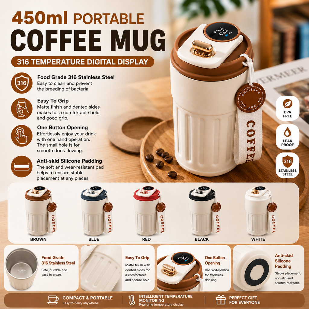 [ Gstore ] Smart Vacuum Mugs 450ml Temperature Digital Display 316 Stainless Steel Leak Proof Thermos Flask Cup
