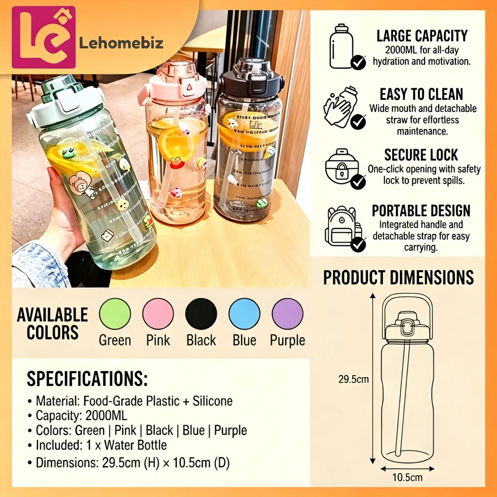 2L Water Bottle with Time Marker | Botol Air 2L dengan Penanda Masa - Sesuai untuk Sukan dan Kecergasan, Kapasiti Besar