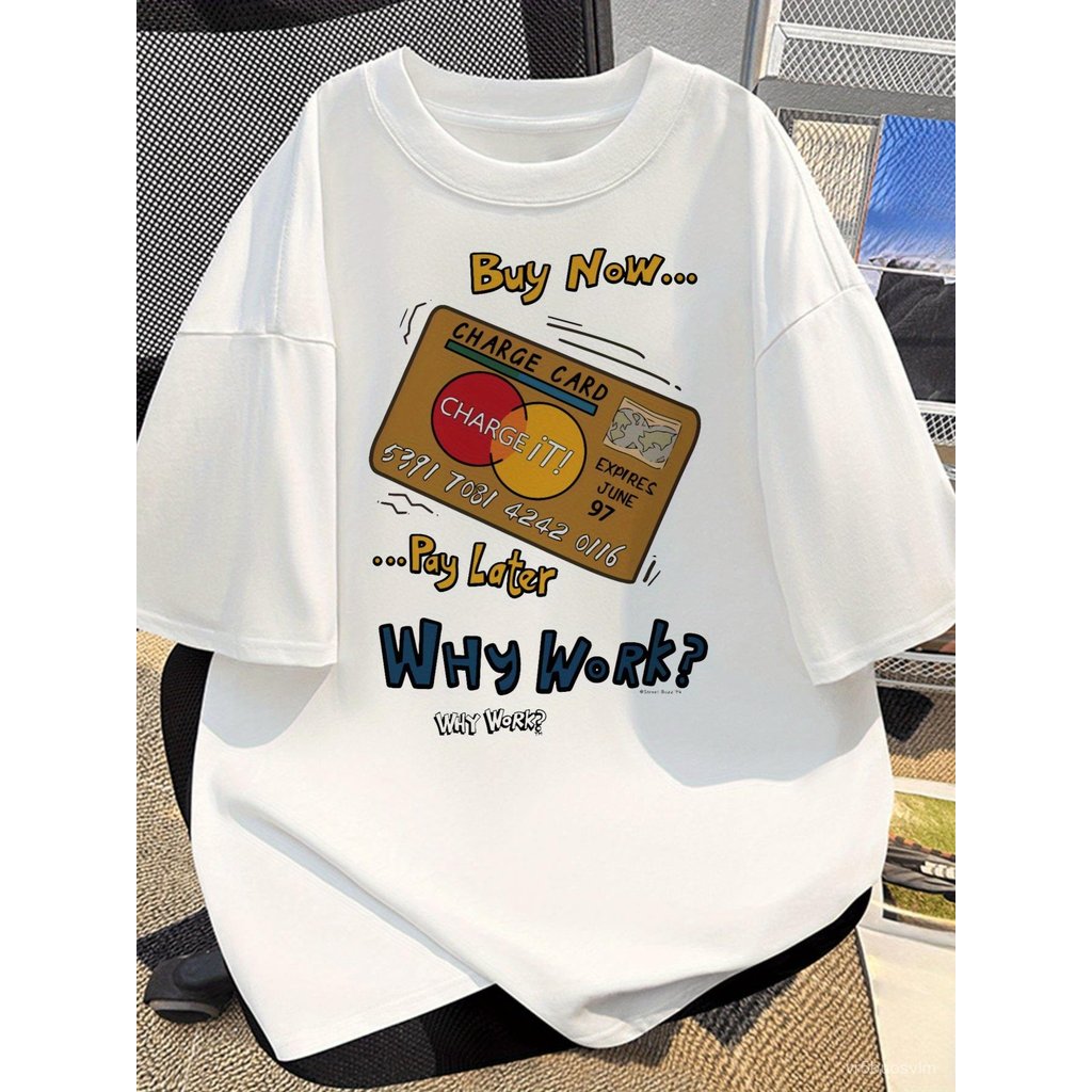 T-shirt kad kredit - slogan lucu "beli sekarang, bayar kemudian" dan reka bentuk parodi Mastercard/Diners Club/American