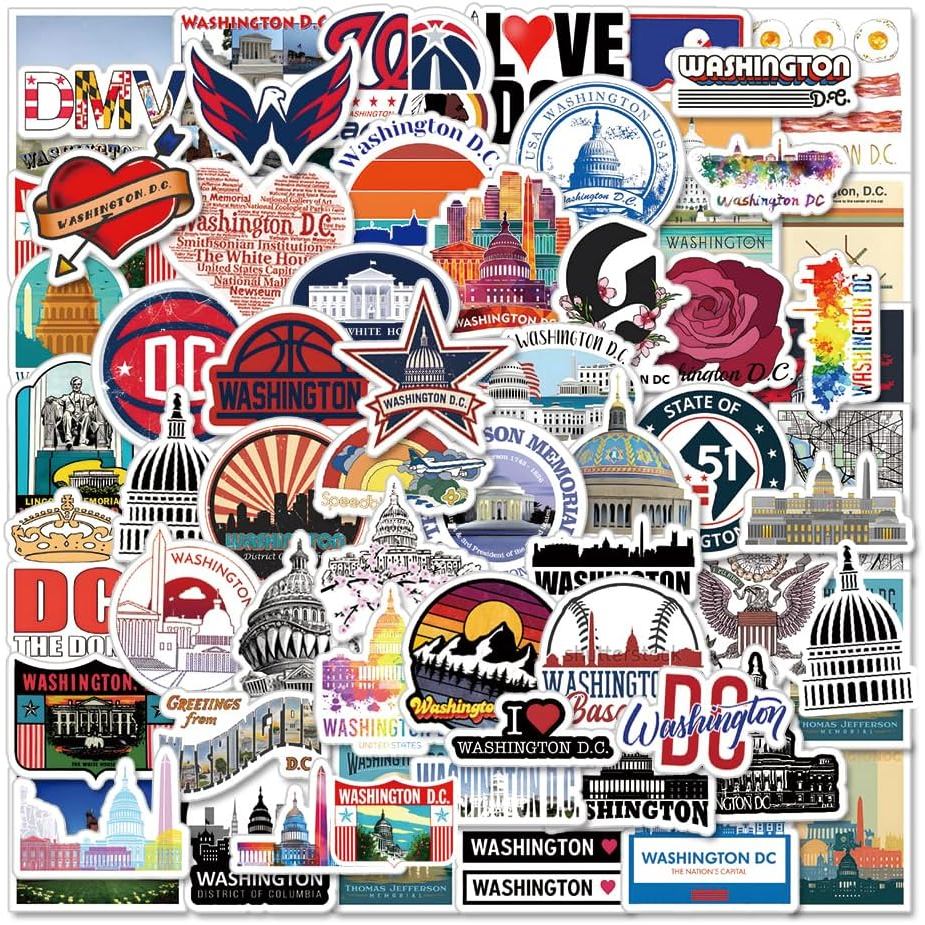 61Pcs Pek Pelekat Washington DC, Pelekat Vinil Estetik Perjalanan Negeri Amerika Serikat yang Tahan Air untuk Botol Air, Komputer Riba, Telefon, Buku Skrap, Bagasi, Beg Perjalanan