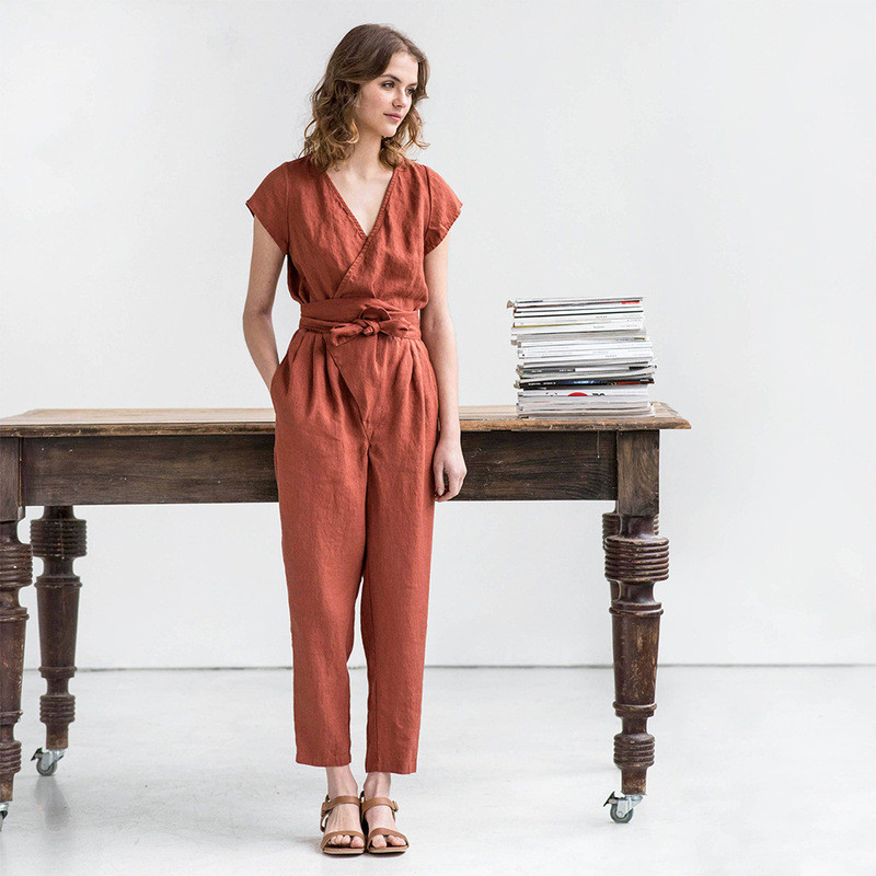 All-Match V-Neck Laced-Up Loose Workwear Fashion Multi-Color Optional Jumps