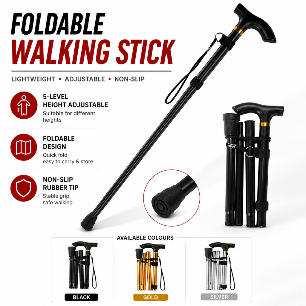 [M'sia Stock] Foldable Walking Stick Cane Tongkat Berlipat Adjustable 5 Level Height Support Handle Anti Slip Base