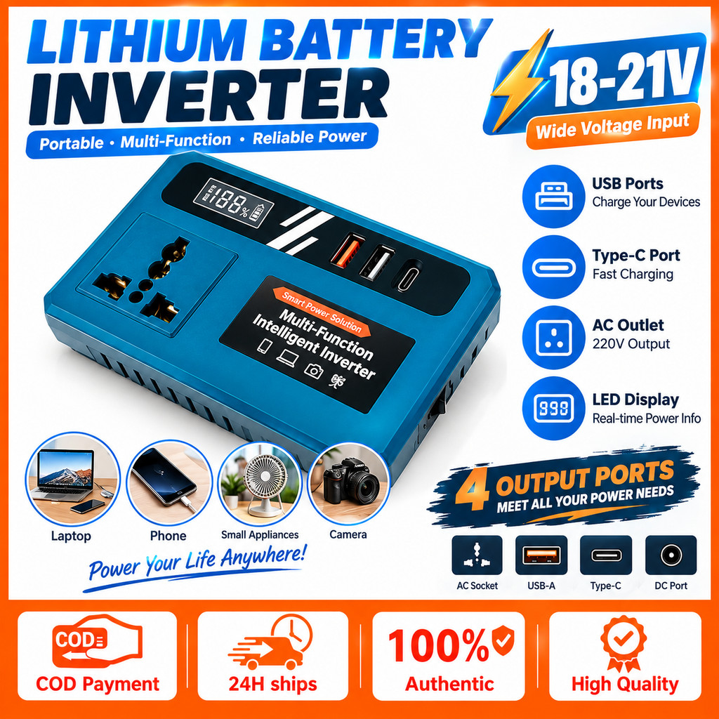 18V 21V Lithium Battery Power Inverter 12V/20V to 220V Converter 150W AC Outlet USB Type-C Multi Output Makita Battery Power Inverter