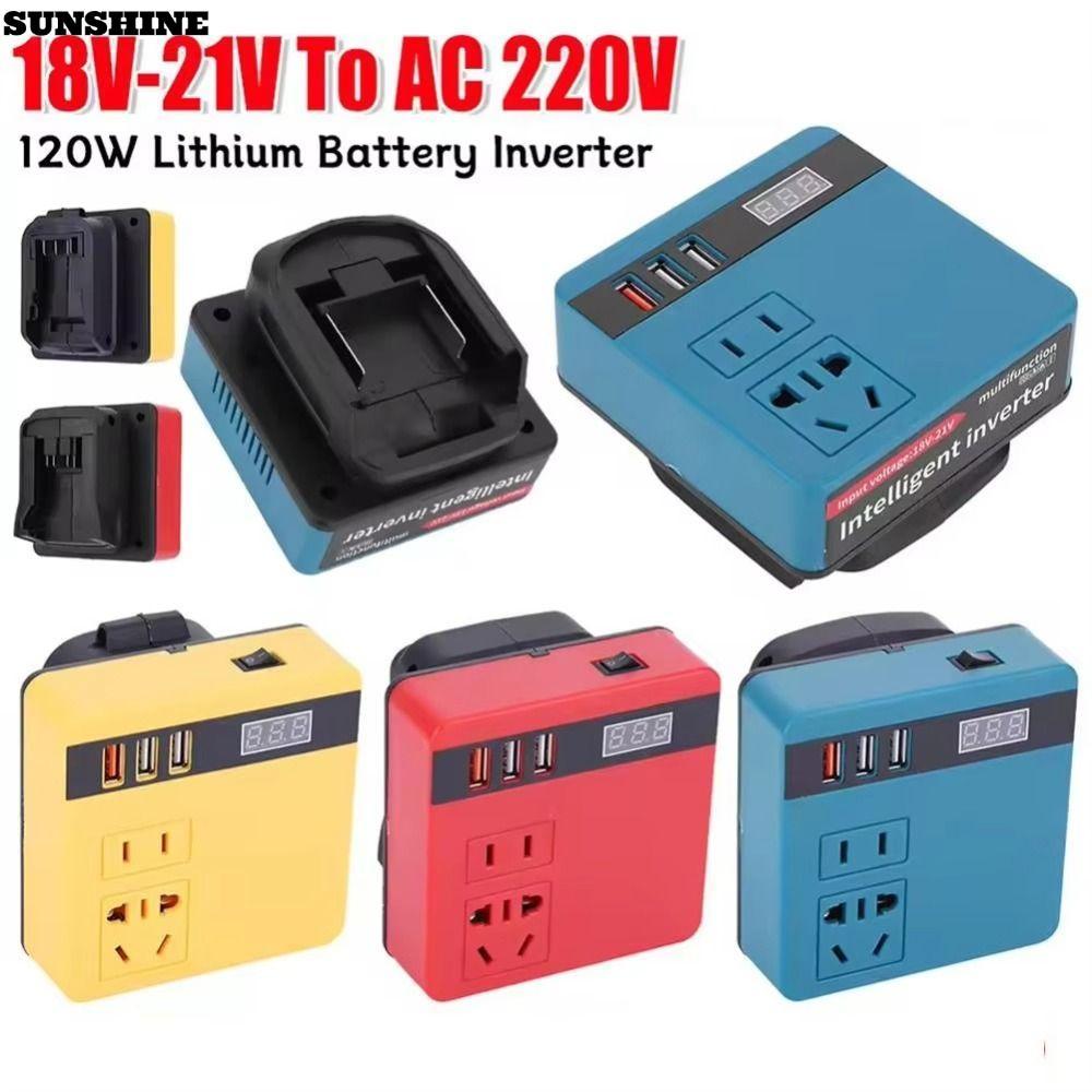SUNSHINE 1Pcs Battery Inverter, 18V 20V To 220V Multifunctional Smart Transformer, 120W Household Dual Plug Outdoor Work Inverter For Makita For Dewalt For Milwaukee 18V Battery