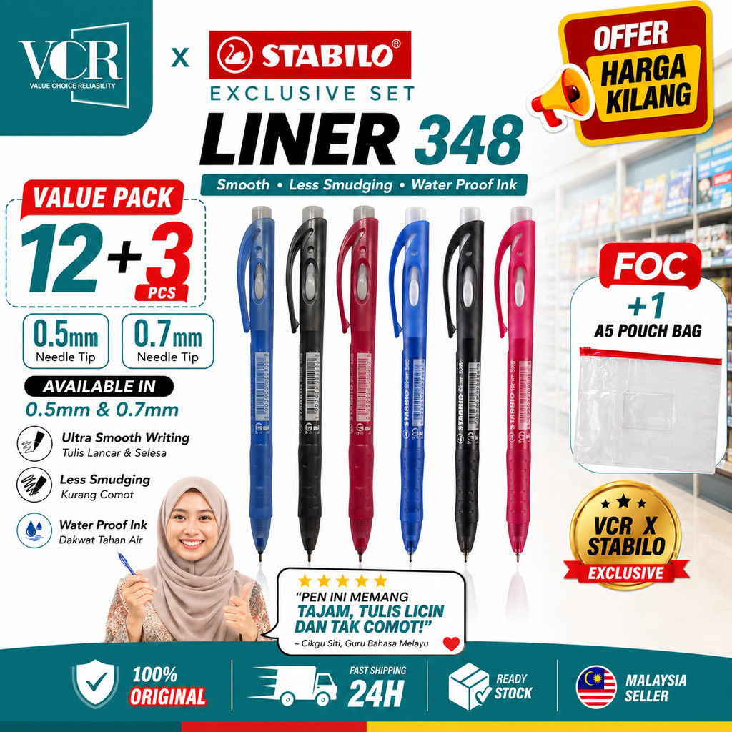 STABILO Liner 348 Semi Gel Ball Pen pack of 15 Office Stationery Pejabat Alat Tulis Retractable Pen Writing Instrument