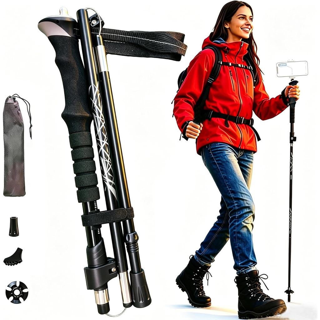 Tongkat Hiking Lipat untuk Wanita, Lelaki, dan Warga Emas, Tongkat Trekking Ringan 14" dengan Skru 1/4" untuk Perjalanan & Hiking dengan Pegangan EVA (1Pek, Hitam, EVA)