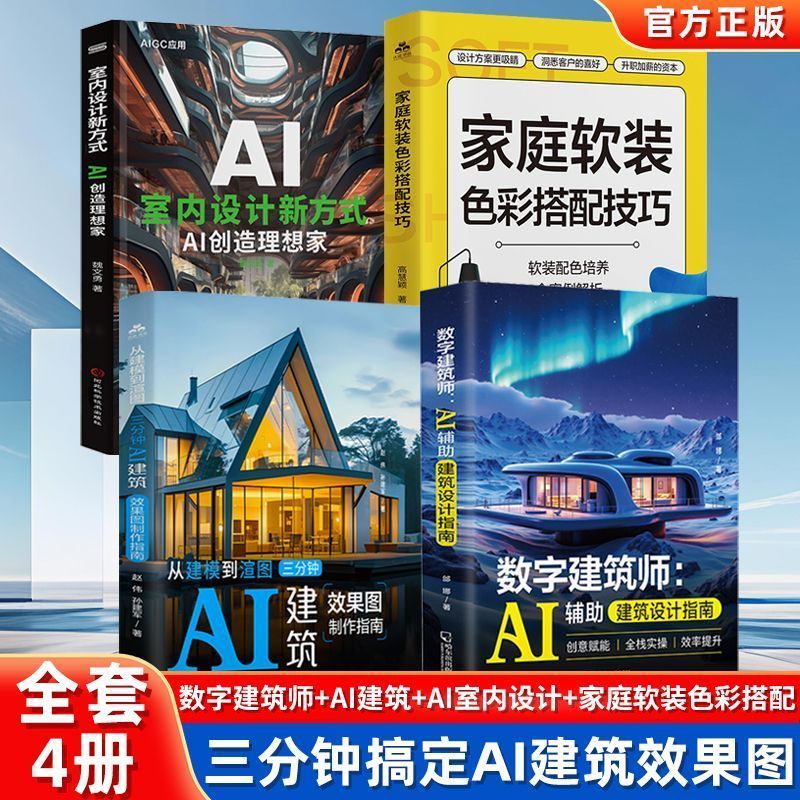 全4册数字建筑师AI辅助建筑设计指南+三分钟AI建筑效果图建模渲图 4-Volume Set: Digital Architect's AI-Assisted Architectural Design Guide + Three-Minute AI Architectural Rendering Modeling and Rendering