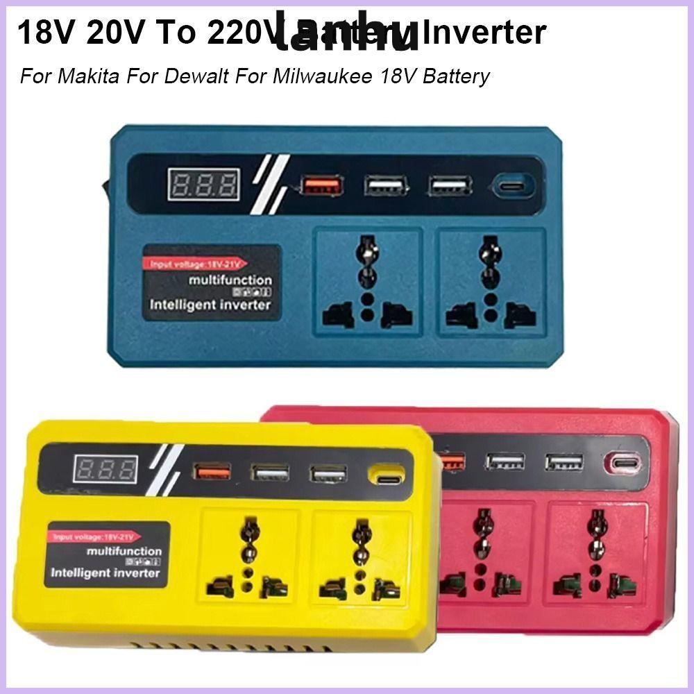 LANHU 1Pcs Battery Inverter, Dual Plug with 4 USB LED Socket Smart Transformer, 120W Multifunctional 18v 20v To 220v Outdoor Work Inverter