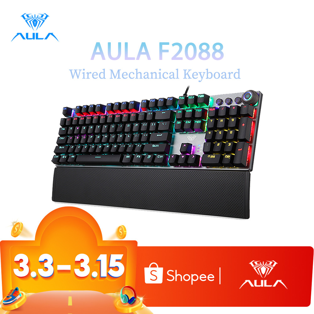 AULA F2088 True Mechanical Gaming Keyboard Wrist Rest Multimedia Knob Marco Programming Metal Panel LED Backlight