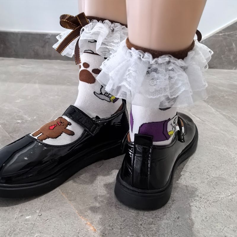 Fat Meiyi 1 Pair Princess Socks Middle Tube Cute Chocolate Bear Lolita Lace Cotton Cartoon Girl Socks-13699.