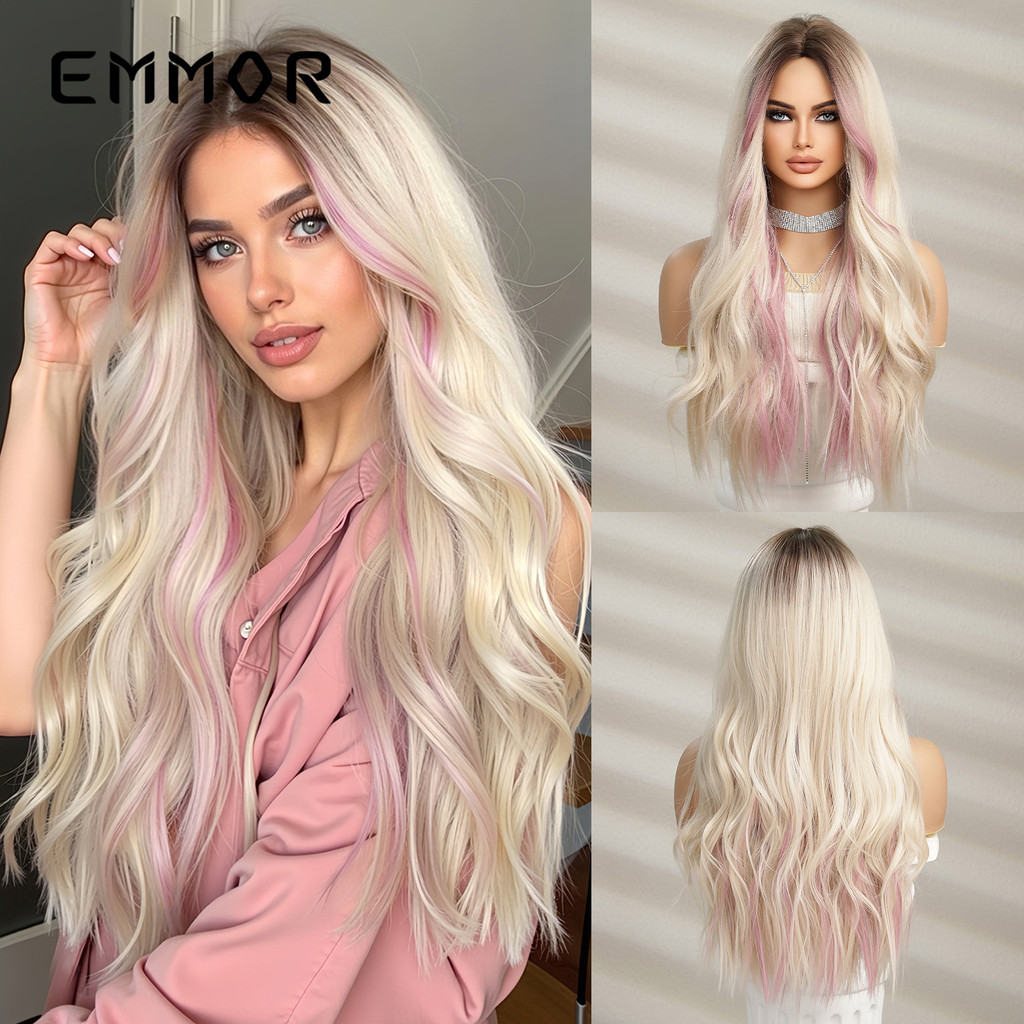European American New Product Wig Female Natural Middle Gradient Gold Highlight Pink Long Curly Hair Full Wig Headgear