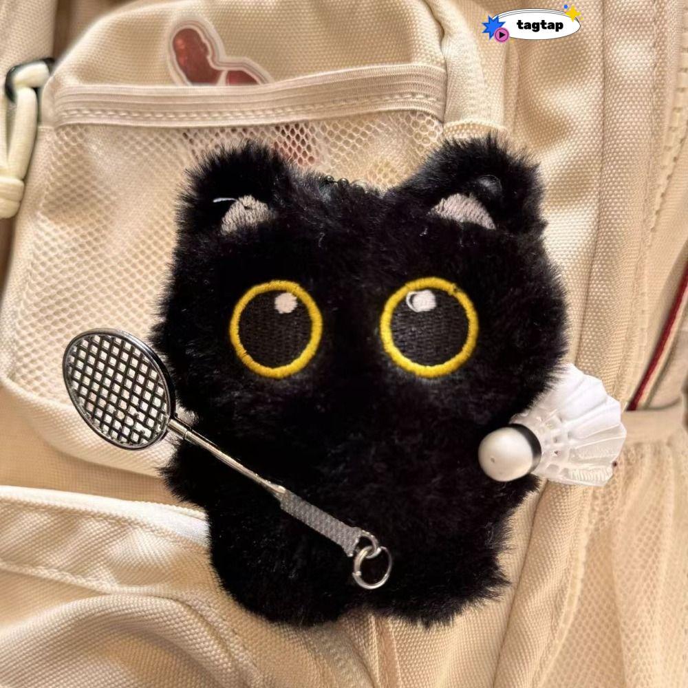 INNEW Black Cat Plush Doll Keychain, Bow Badminton Doll Bag Pendant,  Bell Angel Car Key Ring Gifts