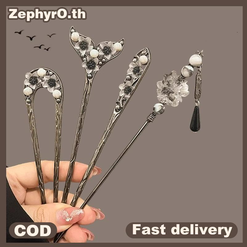 null Retro Chinese Style Flower Hairpin Ink Colored Flower sel Hair Sti For Women Elegant Ponytail Holder Jewelry Hair Accessory null