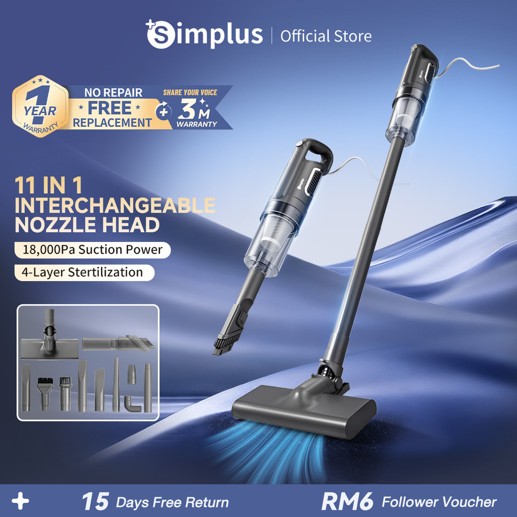 Simplus Corded Vacuum Cleaner | 18,000Pa Suction Power | 500W丨Hepa F8 | 11 in 1 Interchangeable Nozzle Head XCQH011