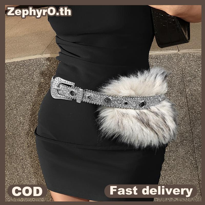 null Vintage Faux Fur PU Leather Rhinestone Belt Y2K Furry Fur Gothic Punk Sexy Waistband Night Club Waist Chain Jeans Pants Decor null
