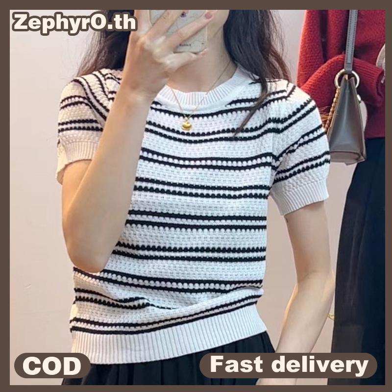 null Summer New Fashion Striped Short-sleeved Solid Color Versatile Age-reducing Slimming Knitted Top T-shirt null
