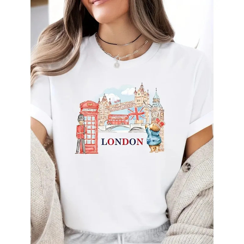 Dengan Rekaan Pondok Telefon London, Pakaian Santai & Percutian yang Selesa, Baju Wanita Cetakan Grafik Kasual Lengan Pe