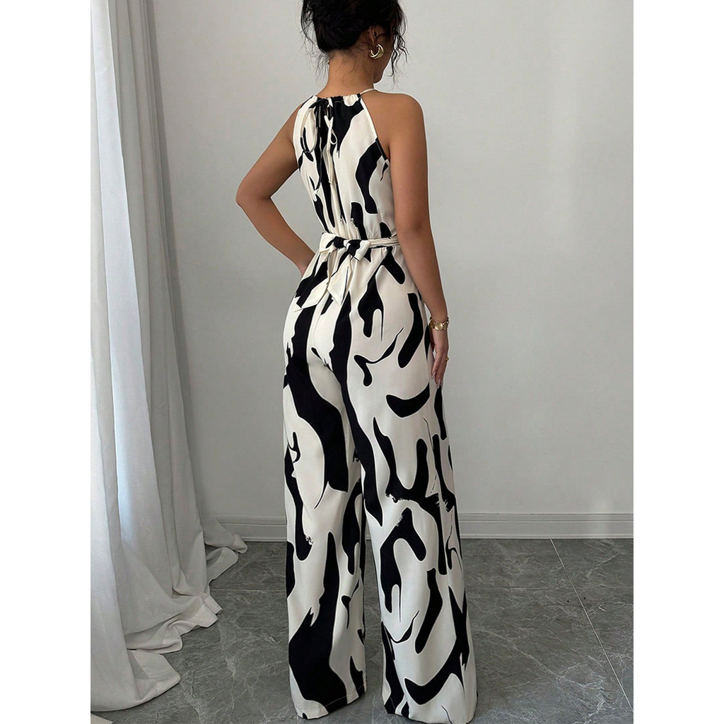 Ruiyu Summer Style Milk Striped Lace-Up Halter Sling Jumpsuit