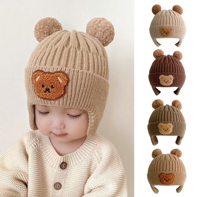 Bear Pompom Ears Baby Beanie Hat Cute Plush Pattern Toddler Boys Girls Earflaps Bonnet Hat Winter Warm Windproof Kids Ear Protection Knit Cap