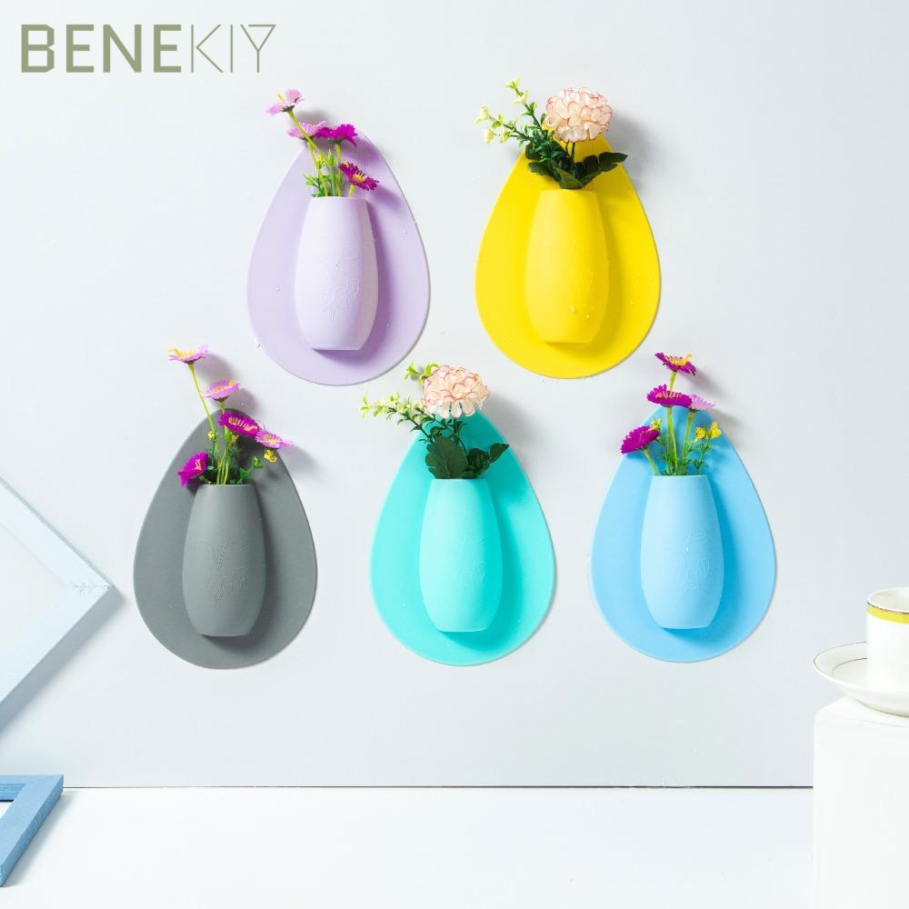 BENEKIY Silicone Vase, Self Adhesion Wall Decorations Flower Pot, Creative Hydroponics Stick on The Wall DIY Flower Container Offices