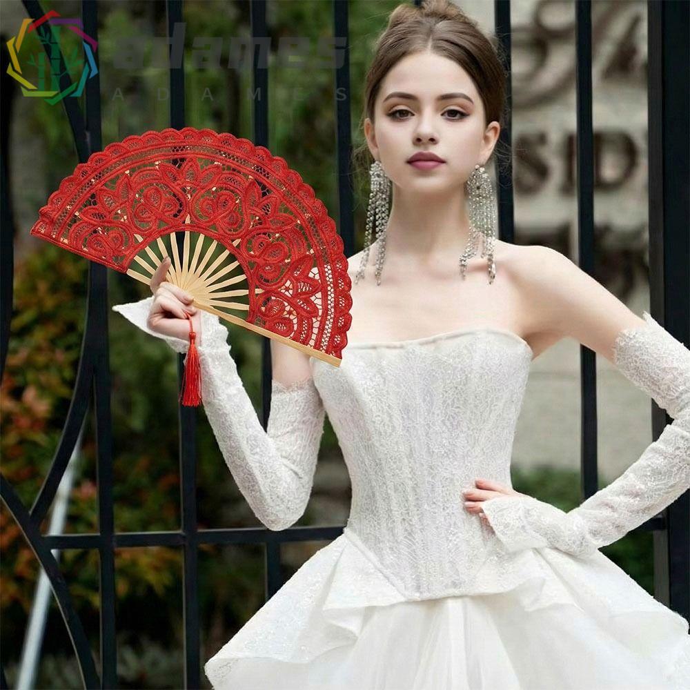 ADAMES Vintage Lace Hand Fan, Lace Tassel Pendant Embroidered Folding Fan, Performance Props Hollow Ribs Handheld 27cm Size Dance Handheld Fan Dance Performance